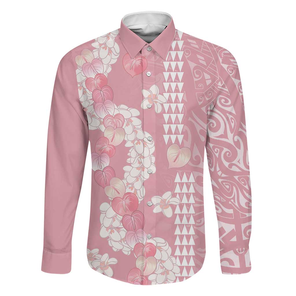 Soft Pink Hawaii Anthurium Plumeria Lei Family Matching Long Sleeve Bodycon Dress and Hawaiian Shirt LT9 Dad's Shirt - Long Sleeve Pink - Polynesian Pride