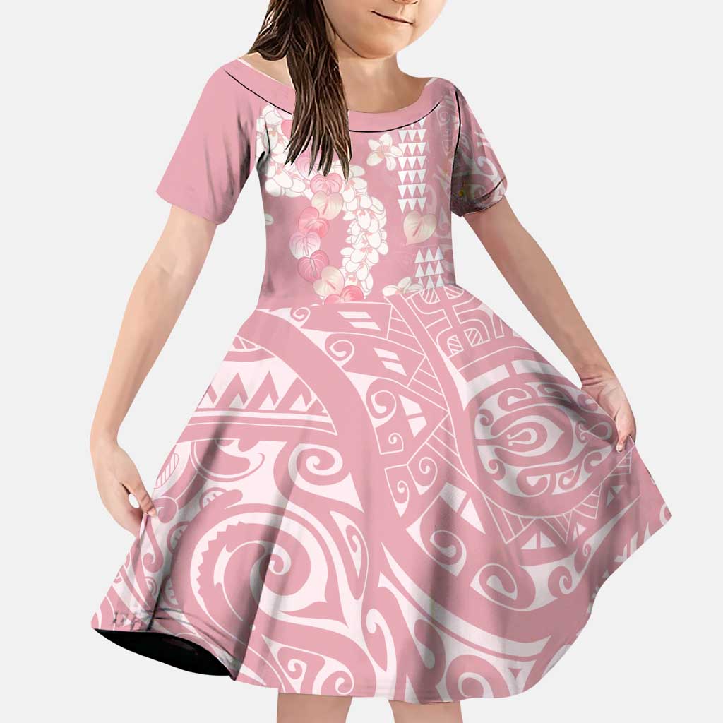 Soft Pink Hawaii Anthurium Plumeria Lei Family Matching Mermaid Dress and Hawaiian Shirt LT9 Daughter's Dress Pink - Polynesian Pride