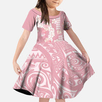 Soft Pink Hawaii Anthurium Plumeria Lei Family Matching Off The Shoulder Long Sleeve Dress and Hawaiian Shirt LT9 Daughter's Dress Pink - Polynesian Pride