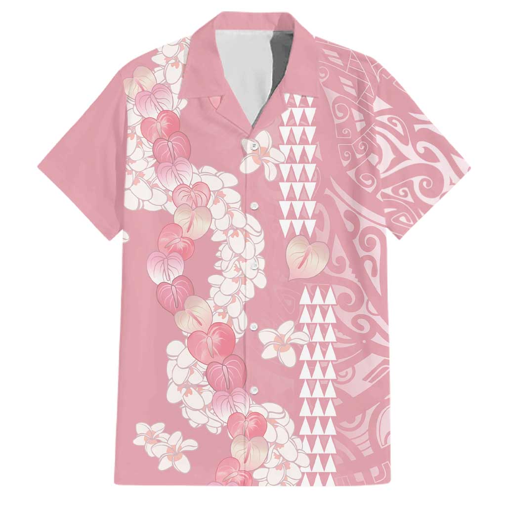 Soft Pink Hawaii Anthurium Plumeria Lei Family Matching Off Shoulder Short Dress and Hawaiian Shirt LT9 Dad's Shirt - Short Sleeve Pink - Polynesian Pride