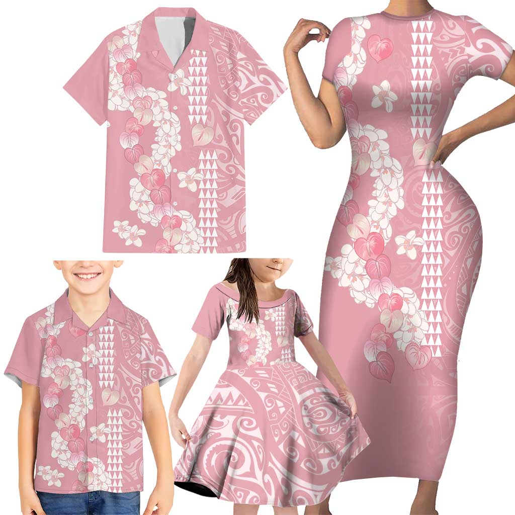 Soft Pink Hawaii Anthurium Plumeria Lei Family Matching Short Sleeve Bodycon Dress and Hawaiian Shirt