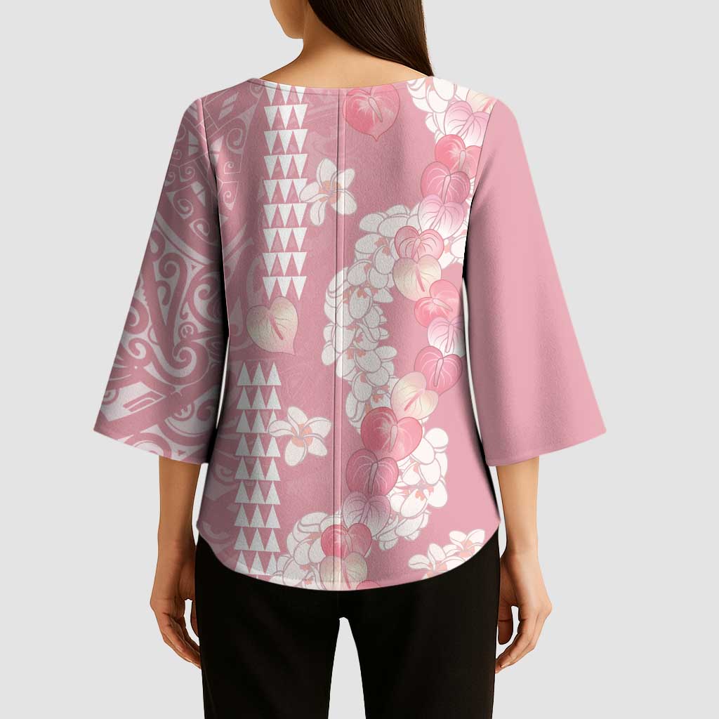 Soft Pink Hawaii Anthurium Plumeria Lei Kimono Sleeve Blouse
