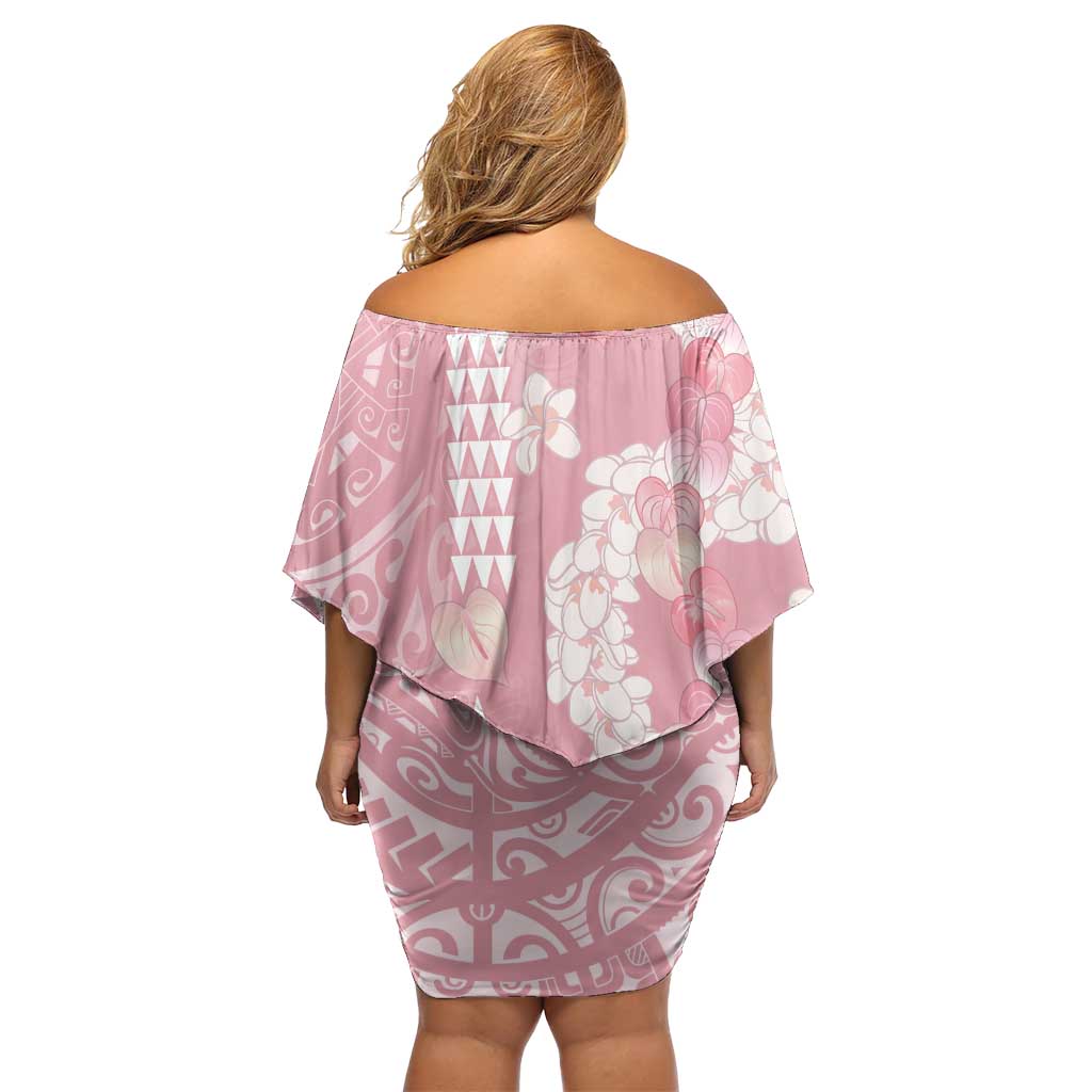 Soft Pink Hawaii Anthurium Plumeria Lei Off Shoulder Short Dress