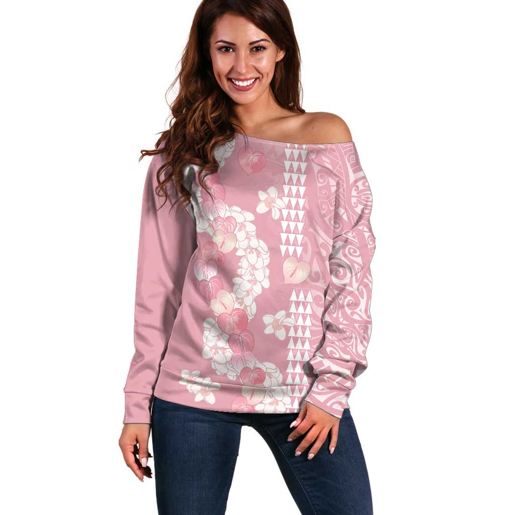 Soft Pink Hawaii Anthurium Plumeria Lei Off Shoulder Sweater