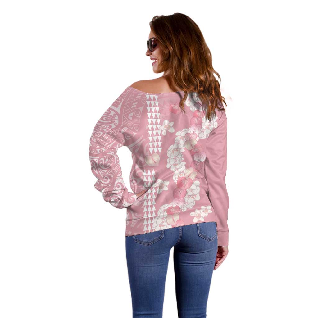 Soft Pink Hawaii Anthurium Plumeria Lei Off Shoulder Sweater