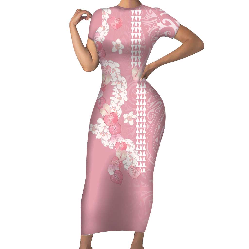 Soft Pink Hawaii Anthurium Plumeria Lei Short Sleeve Bodycon Dress LT9 Long Dress Pink - Polynesian Pride