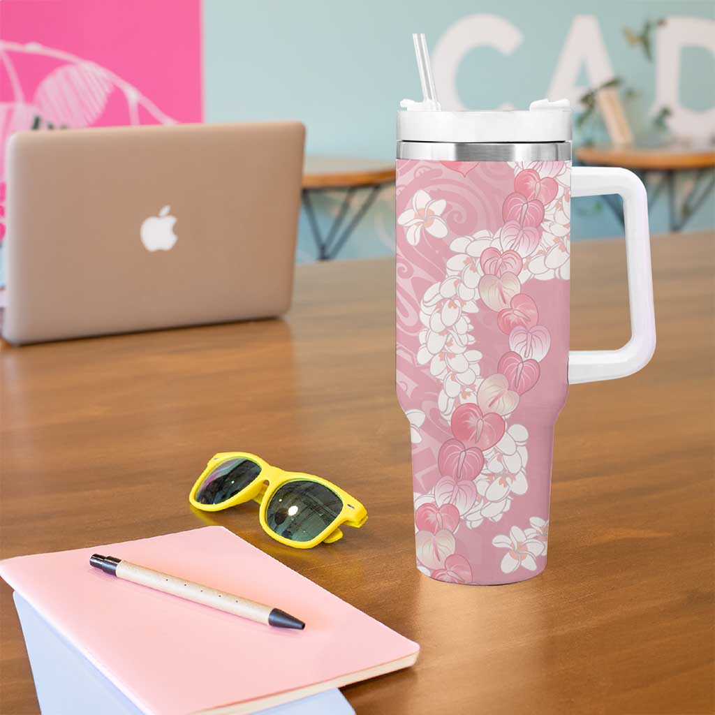 Soft Pink Hawaii Anthurium Plumeria Lei Tumbler With Handle