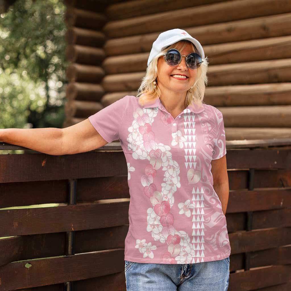 Soft Pink Hawaii Anthurium Plumeria Lei Women Polo Shirt