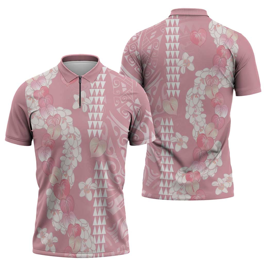 Soft Pink Hawaii Anthurium Plumeria Lei Zipper Polo Shirt