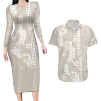 Suede Beige Hawaii Anthurium Plumeria Lei Couples Matching Long Sleeve Bodycon Dress and Hawaiian Shirt LT9 Beige - Polynesian Pride