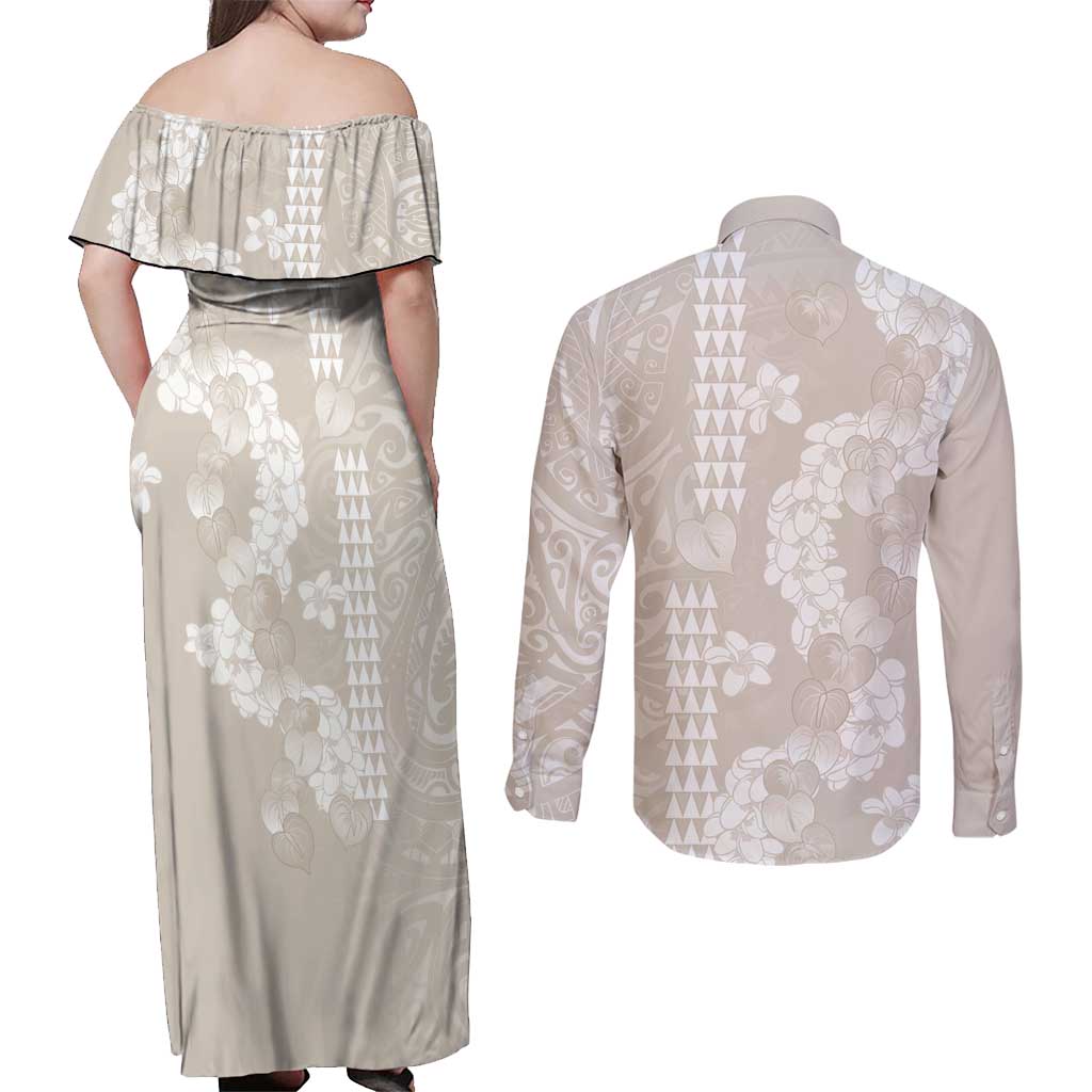 Suede Beige Hawaii Anthurium Plumeria Lei Couples Matching Off Shoulder Maxi Dress and Long Sleeve Button Shirt
