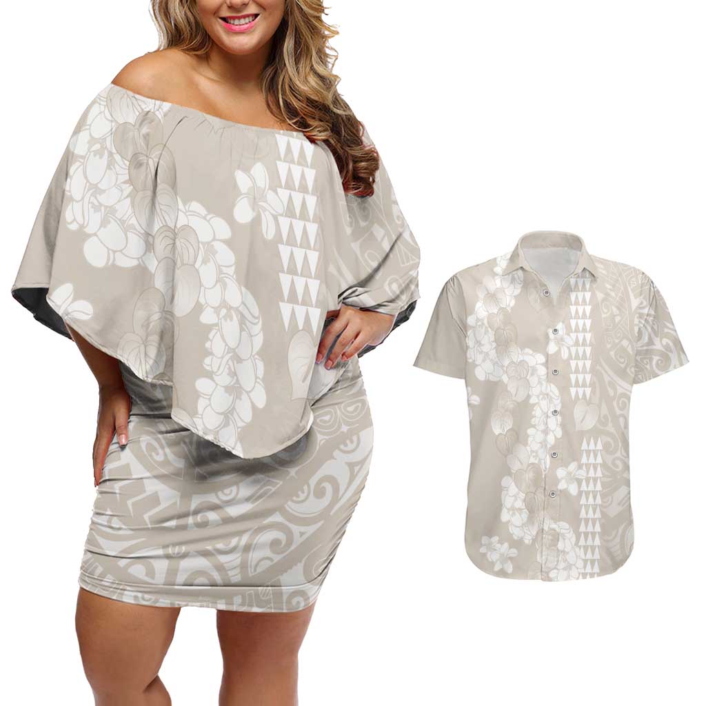 Suede Beige Hawaii Anthurium Plumeria Lei Couples Matching Off Shoulder Short Dress and Hawaiian Shirt LT9 Beige - Polynesian Pride