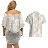 Suede Beige Hawaii Anthurium Plumeria Lei Couples Matching Off Shoulder Short Dress and Hawaiian Shirt LT9 - Polynesian Pride