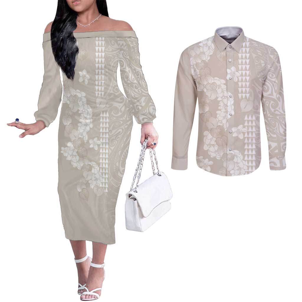Suede Beige Hawaii Anthurium Plumeria Lei Couples Matching Off The Shoulder Long Sleeve Dress and Long Sleeve Button Shirt LT9 Beige - Polynesian Pride