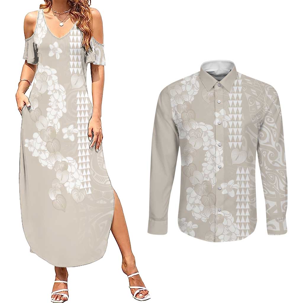 Suede Beige Hawaii Anthurium Plumeria Lei Couples Matching Summer Maxi Dress and Long Sleeve Button Shirt