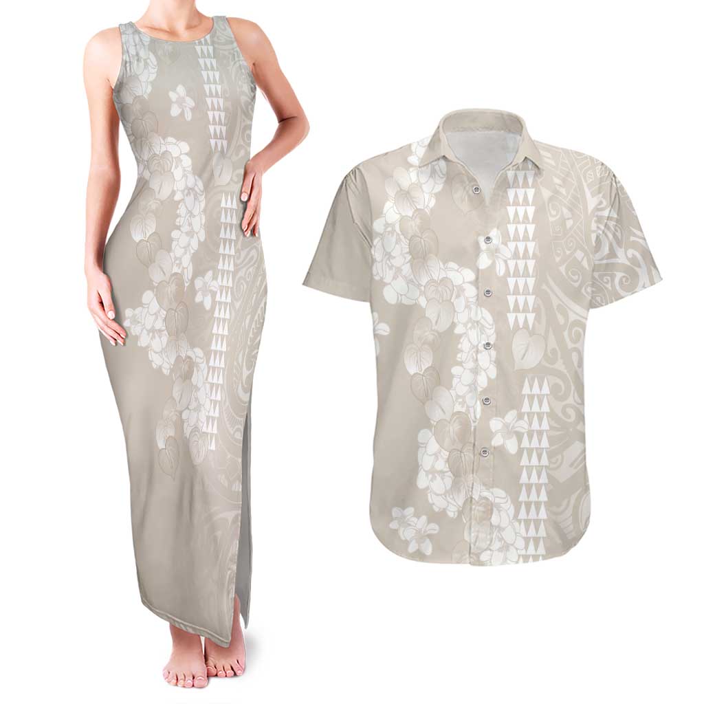 Suede Beige Hawaii Anthurium Plumeria Lei Couples Matching Tank Maxi Dress and Hawaiian Shirt LT9 Beige - Polynesian Pride