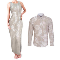 Suede Beige Hawaii Anthurium Plumeria Lei Couples Matching Tank Maxi Dress and Long Sleeve Button Shirt