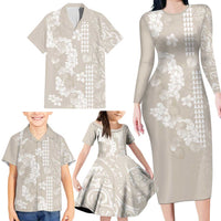 Suede Beige Hawaii Anthurium Plumeria Lei Family Matching Long Sleeve Bodycon Dress and Hawaiian Shirt LT9 - Polynesian Pride