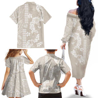 Suede Beige Hawaii Anthurium Plumeria Lei Family Matching Off The Shoulder Long Sleeve Dress and Hawaiian Shirt LT9 - Polynesian Pride