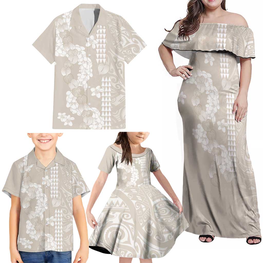 Suede Beige Hawaii Anthurium Plumeria Lei Family Matching Off Shoulder Maxi Dress and Hawaiian Shirt LT9 - Polynesian Pride