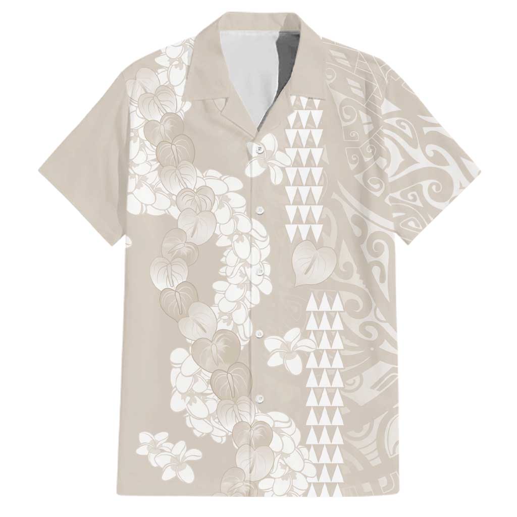 Suede Beige Hawaii Anthurium Plumeria Lei Family Matching Off Shoulder Maxi Dress and Hawaiian Shirt LT9 Dad's Shirt - Short Sleeve Beige - Polynesian Pride