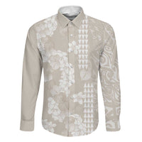 Suede Beige Hawaii Anthurium Plumeria Lei Family Matching Off Shoulder Maxi Dress and Hawaiian Shirt LT9 Dad's Shirt - Long Sleeve Beige - Polynesian Pride