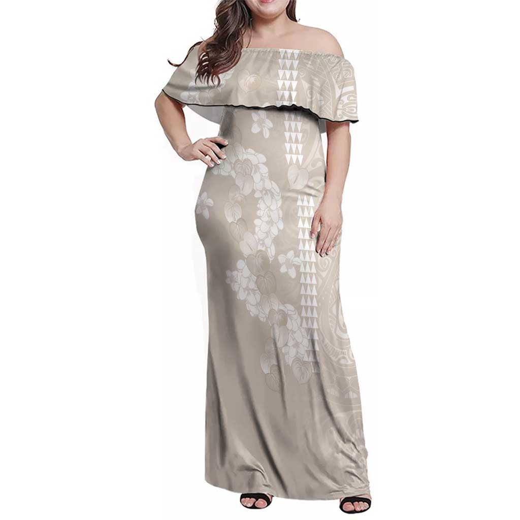 Suede Beige Hawaii Anthurium Plumeria Lei Family Matching Off Shoulder Maxi Dress and Hawaiian Shirt LT9 Mom's Dress Beige - Polynesian Pride