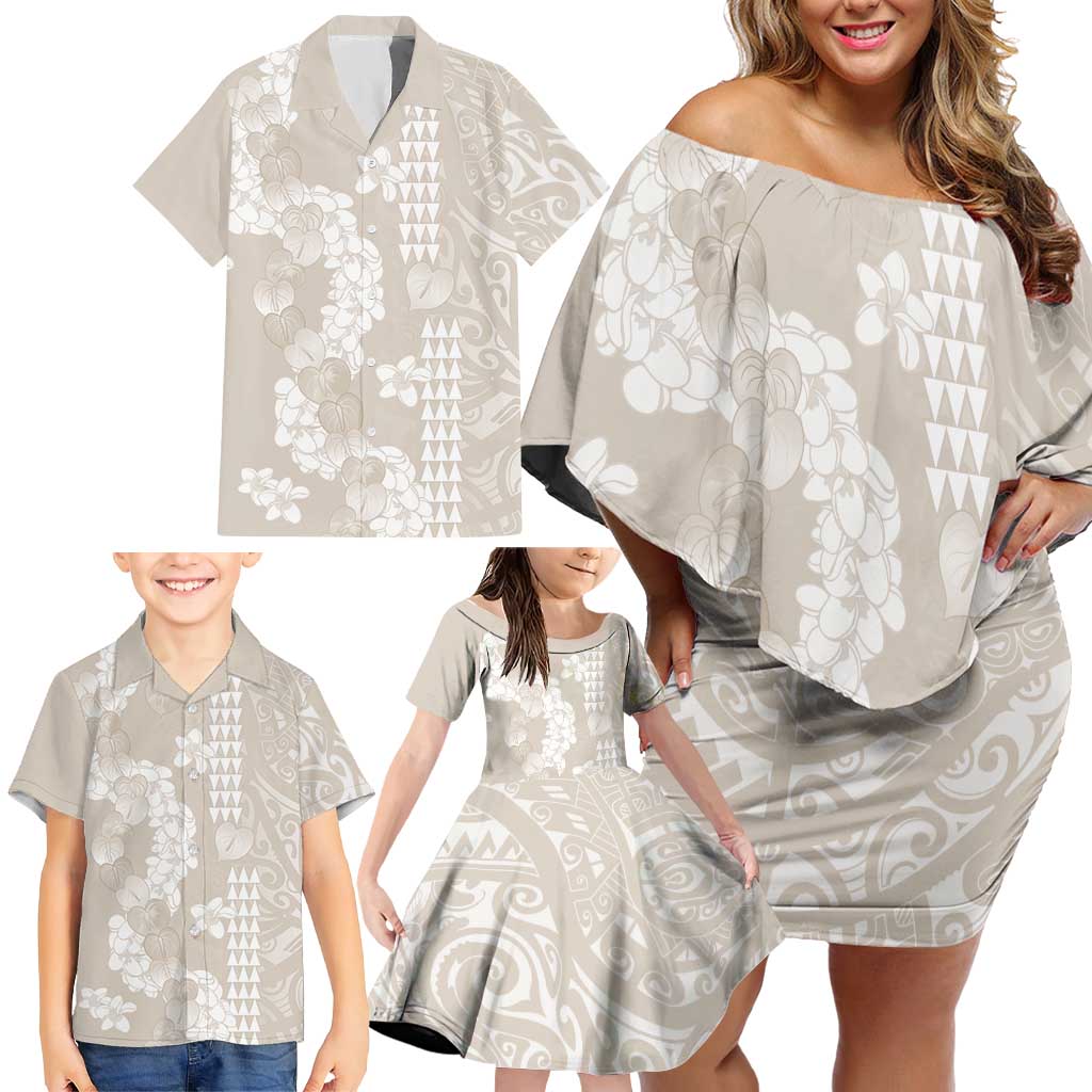 Suede Beige Hawaii Anthurium Plumeria Lei Family Matching Off Shoulder Short Dress and Hawaiian Shirt LT9 - Polynesian Pride