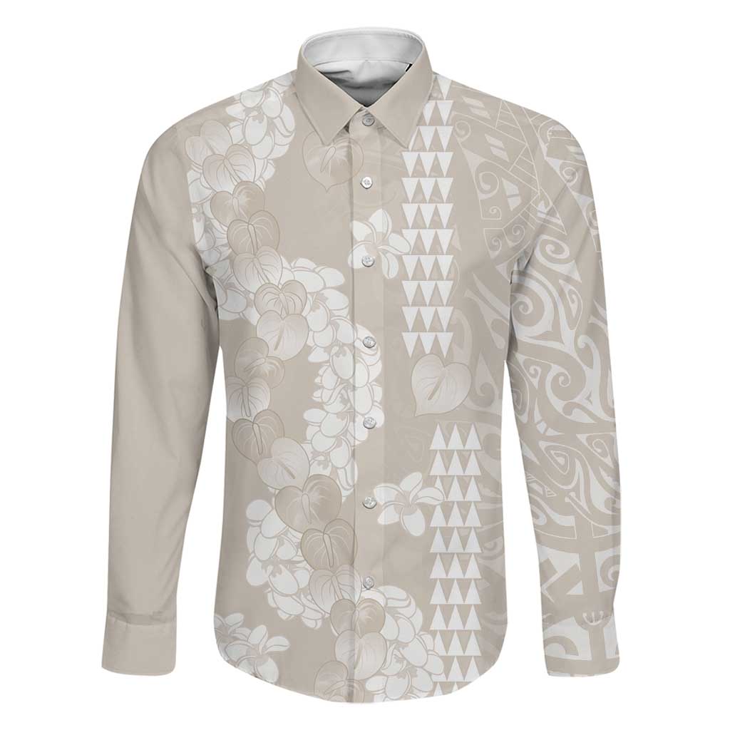 Suede Beige Hawaii Anthurium Plumeria Lei Family Matching Off Shoulder Short Dress and Hawaiian Shirt LT9 Dad's Shirt - Long Sleeve Beige - Polynesian Pride