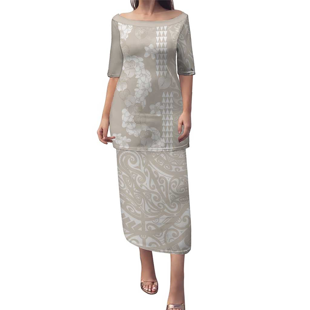 Suede Beige Hawaii Anthurium Plumeria Lei Family Matching Puletasi and Hawaiian Shirt LT9 Mom's Dress Beige - Polynesian Pride