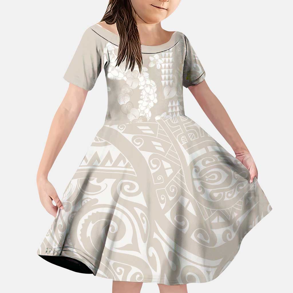 Suede Beige Hawaii Anthurium Plumeria Lei Family Matching Short Sleeve Bodycon Dress and Hawaiian Shirt LT9 Daughter's Dress Beige - Polynesian Pride