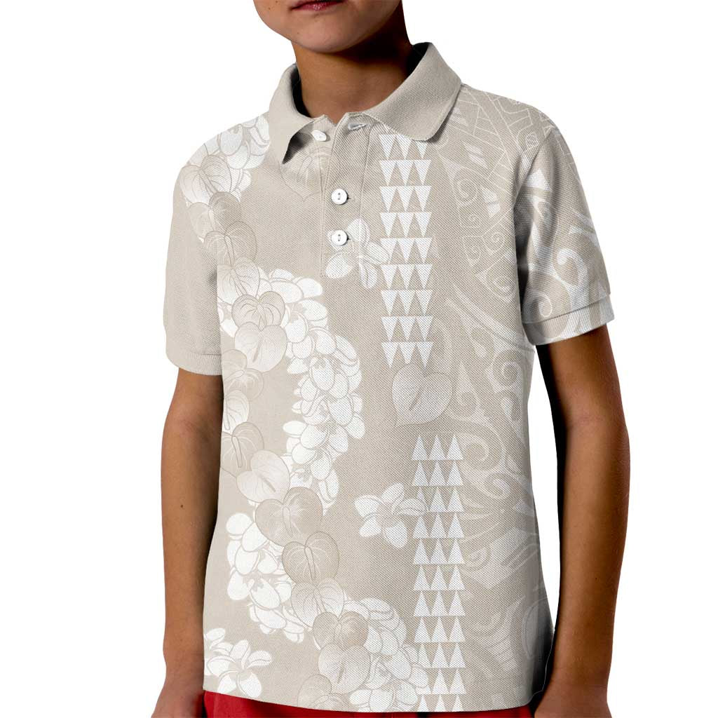 Suede Beige Hawaii Anthurium Plumeria Lei Kid Polo Shirt LT9 Kid Beige - Polynesian Pride