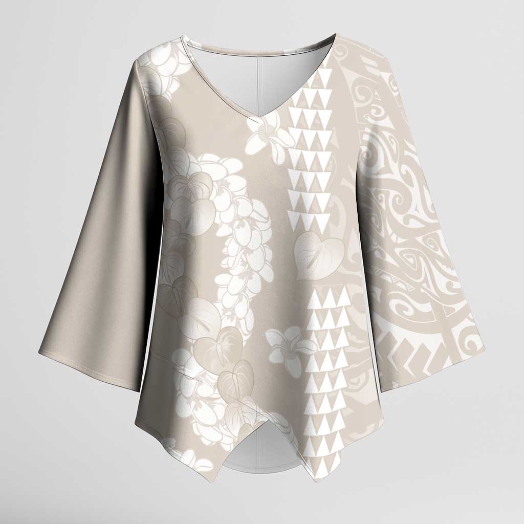 Suede Beige Hawaii Anthurium Plumeria Lei Kimono Sleeve Blouse LT9 Female Beige - Polynesian Pride