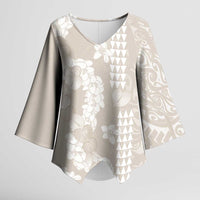 Suede Beige Hawaii Anthurium Plumeria Lei Kimono Sleeve Blouse LT9 Female Beige - Polynesian Pride