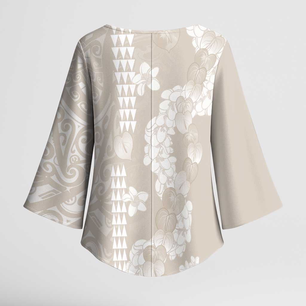 Suede Beige Hawaii Anthurium Plumeria Lei Kimono Sleeve Blouse LT9 - Polynesian Pride