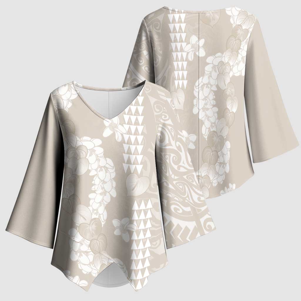Suede Beige Hawaii Anthurium Plumeria Lei Kimono Sleeve Blouse LT9 - Polynesian Pride