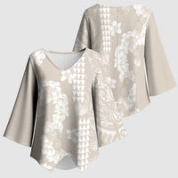 Suede Beige Hawaii Anthurium Plumeria Lei Kimono Sleeve Blouse LT9 - Polynesian Pride