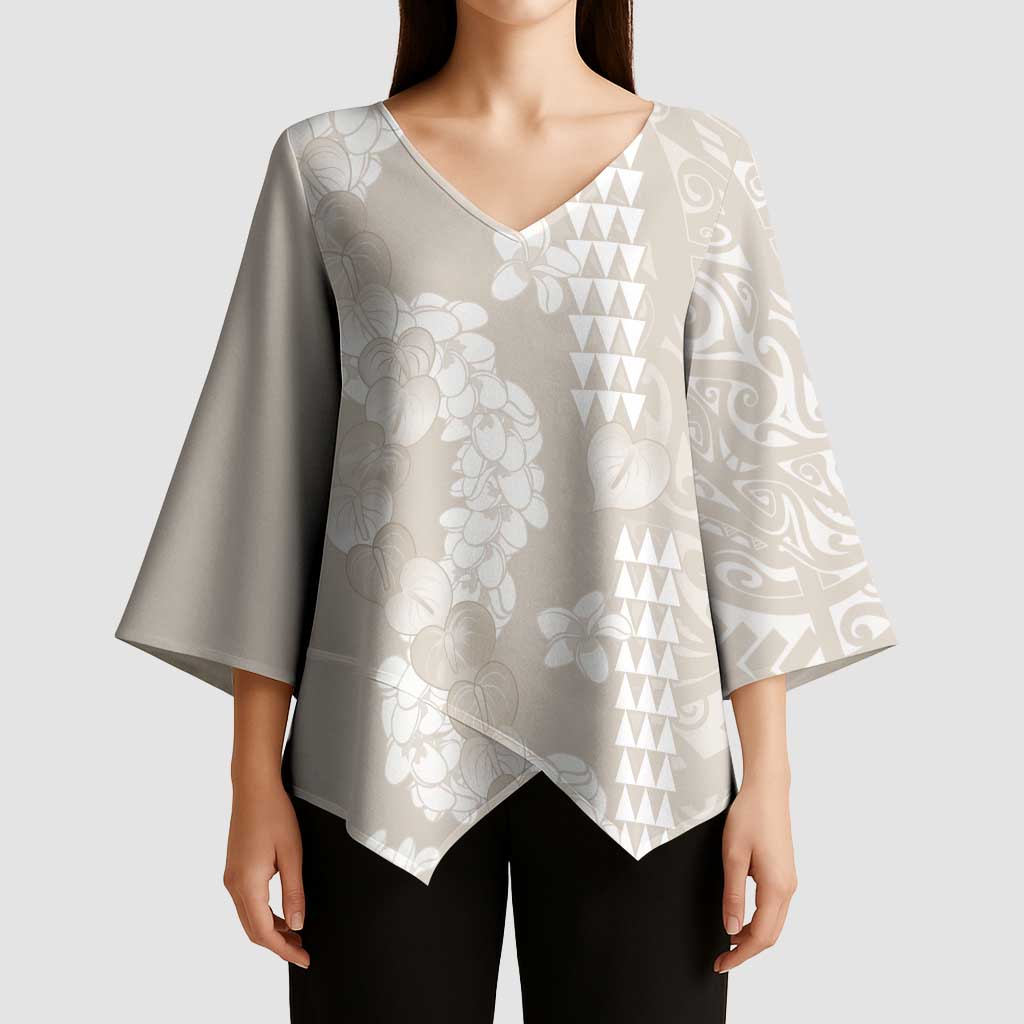 Suede Beige Hawaii Anthurium Plumeria Lei Kimono Sleeve Blouse LT9 - Polynesian Pride