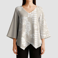 Suede Beige Hawaii Anthurium Plumeria Lei Kimono Sleeve Blouse LT9 - Polynesian Pride