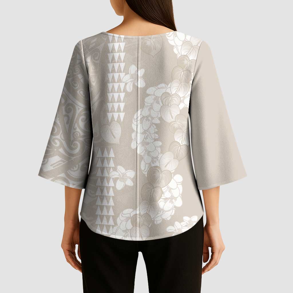 Suede Beige Hawaii Anthurium Plumeria Lei Kimono Sleeve Blouse LT9 - Polynesian Pride