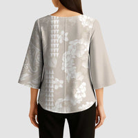 Suede Beige Hawaii Anthurium Plumeria Lei Kimono Sleeve Blouse LT9 - Polynesian Pride