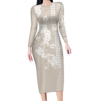 Suede Beige Hawaii Anthurium Plumeria Lei Long Sleeve Bodycon Dress LT9 Long Dress Beige - Polynesian Pride