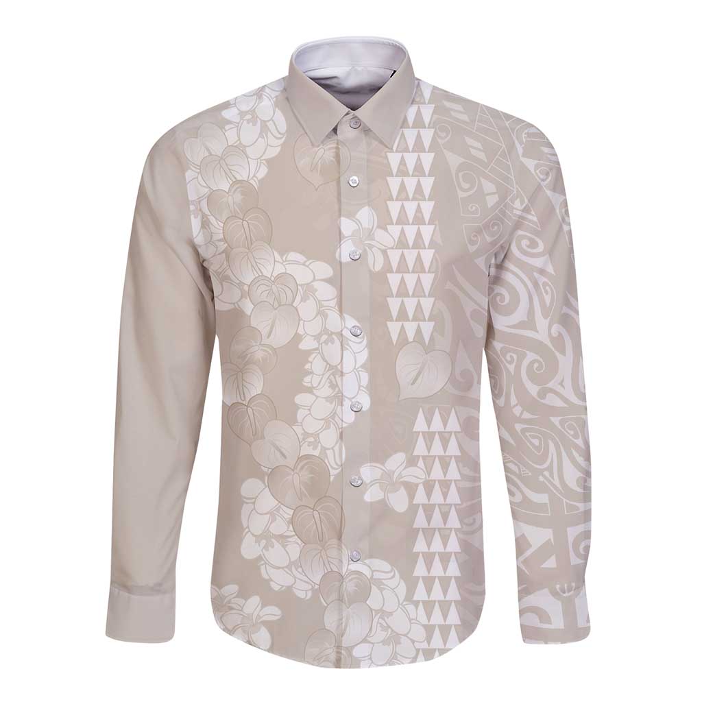 Suede Beige Hawaii Anthurium Plumeria Lei Long Sleeve Button Shirt