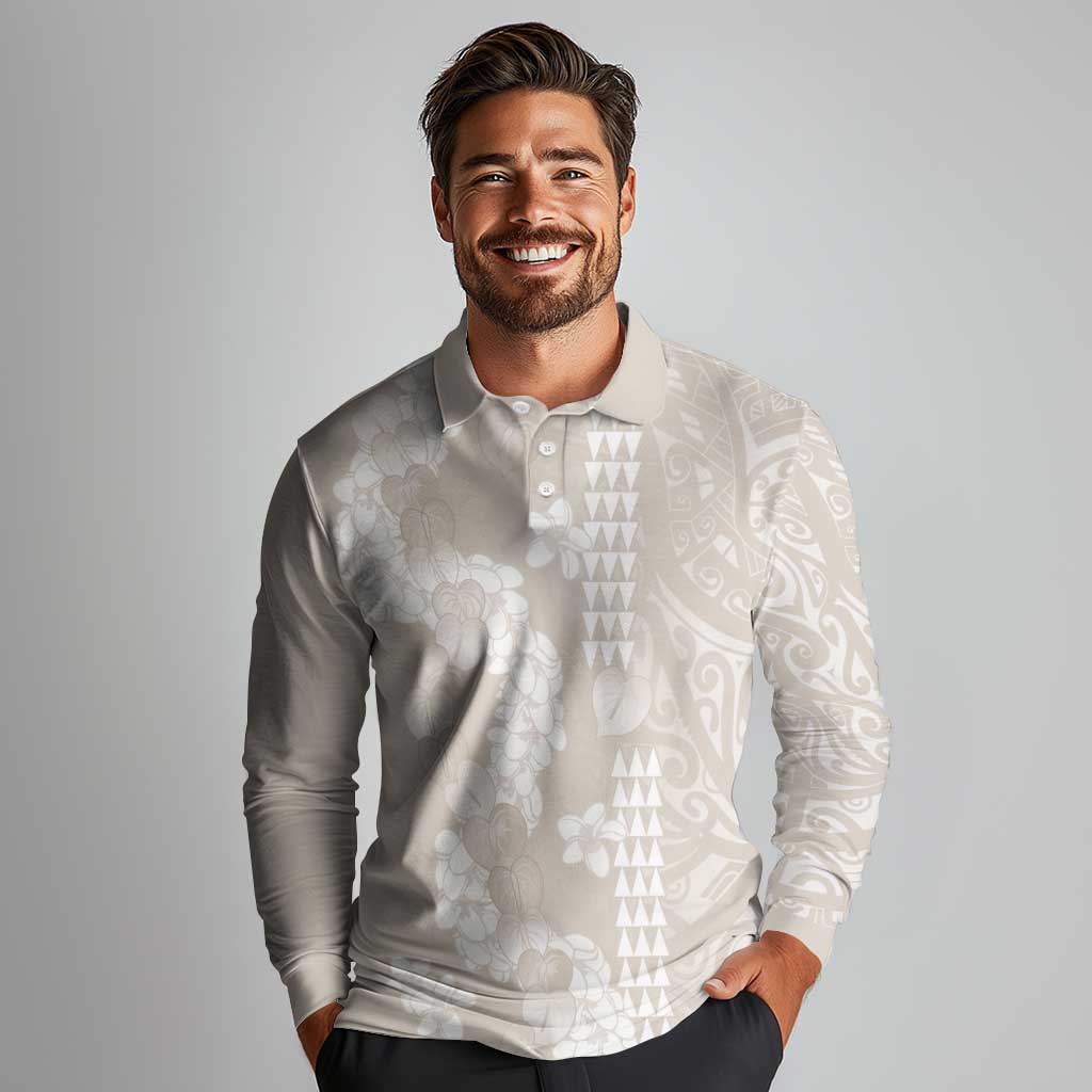 Suede Beige Hawaii Anthurium Plumeria Lei Long Sleeve Polo Shirt