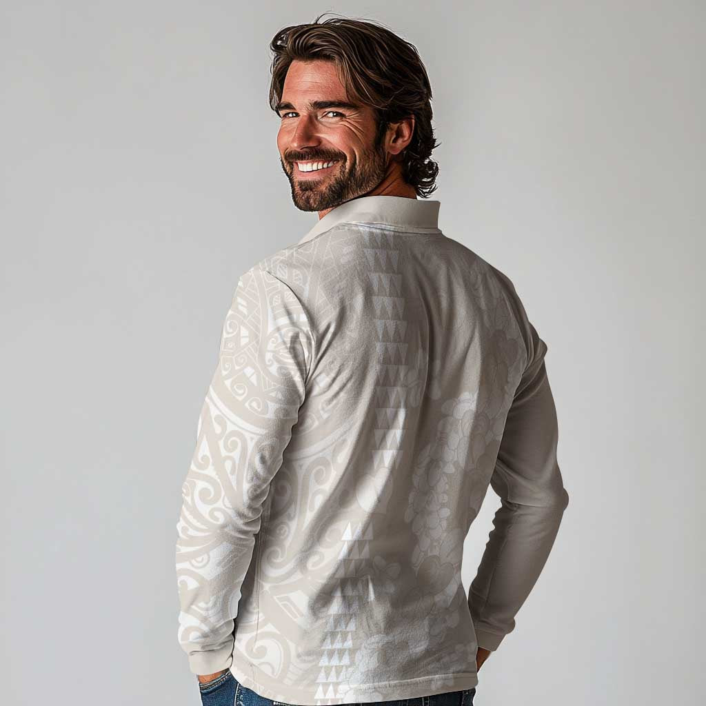 Suede Beige Hawaii Anthurium Plumeria Lei Long Sleeve Polo Shirt