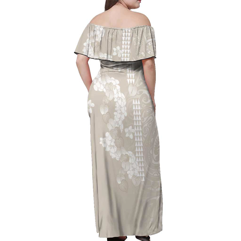 Suede Beige Hawaii Anthurium Plumeria Lei Off Shoulder Maxi Dress
