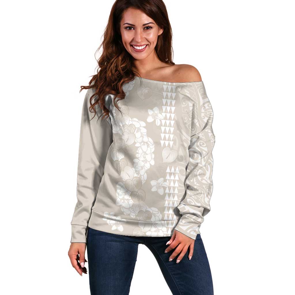 Suede Beige Hawaii Anthurium Plumeria Lei Off Shoulder Sweater