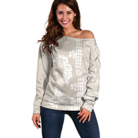 Suede Beige Hawaii Anthurium Plumeria Lei Off Shoulder Sweater