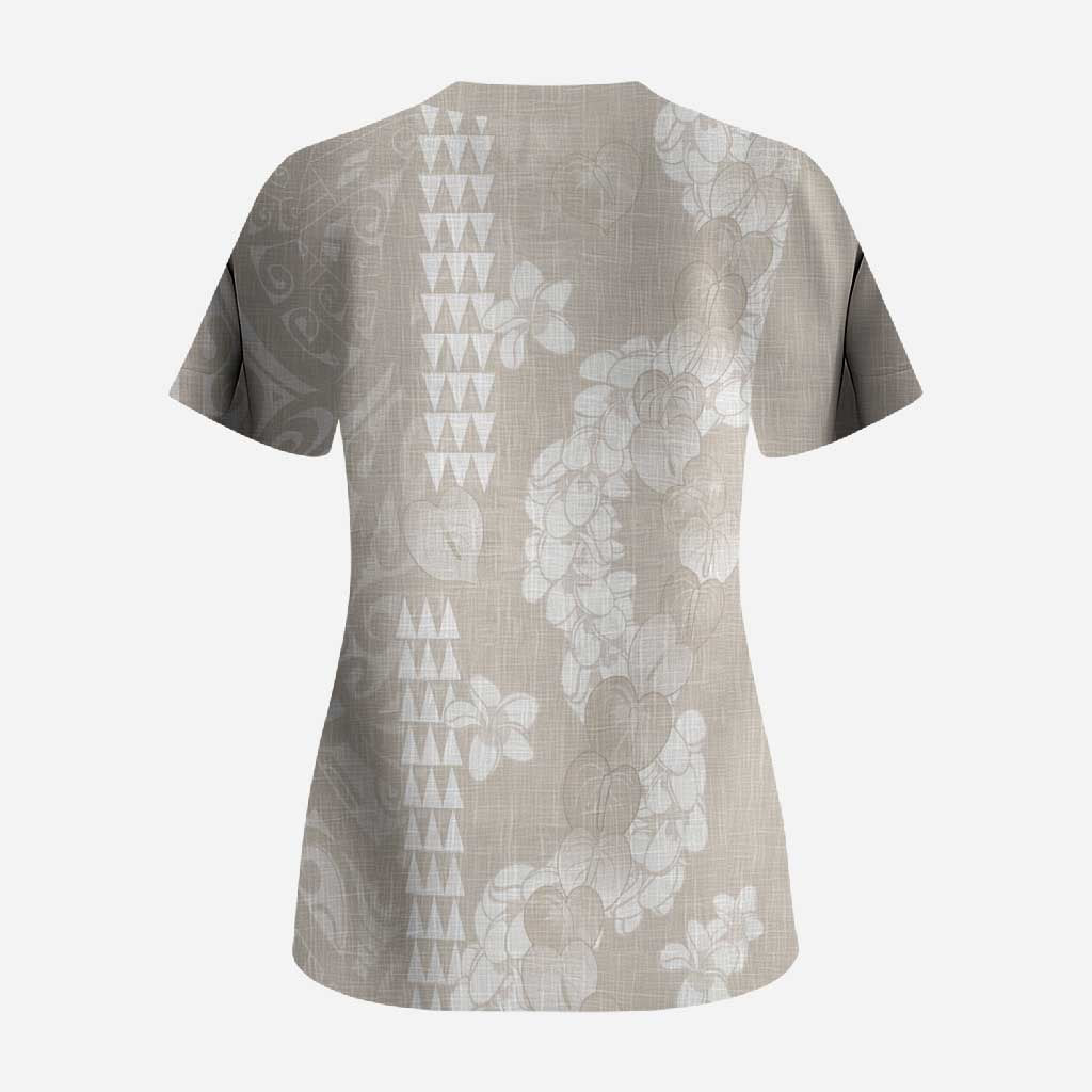 Suede Beige Hawaii Anthurium Plumeria Lei Scrub Top