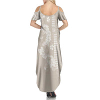 Suede Beige Hawaii Anthurium Plumeria Lei Summer Maxi Dress